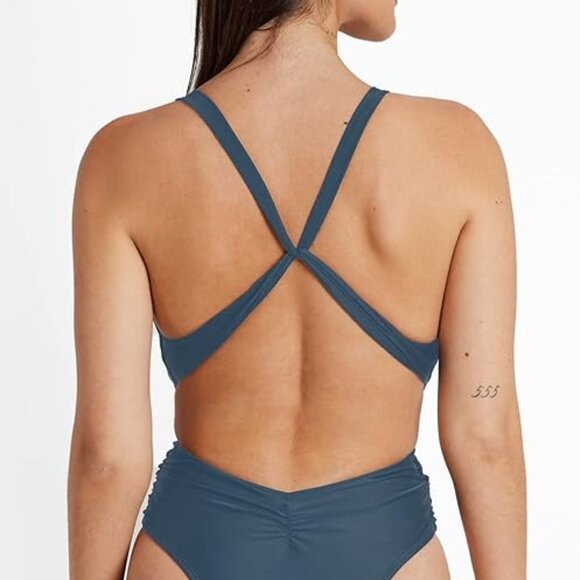 CUPSHE BLUE CROSS BACK DEEP V NECK WRAP WAIST HIGH CUT SWIMSUIT SIZE MEDIUM NWT - Picture 4 of 5